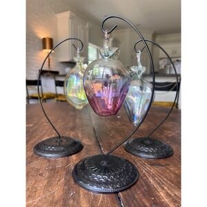 SET of 3 Vintage Italian Artisan HAND BLOWN GLASS Fruit‎ Ornaments + Stands